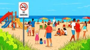 Illustration de l'interdiction de fumer dans les espaces publics tels que les plages et parcs dès le 1er juillet. Image réalisée par IA.