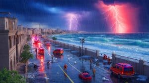 Illustration de la tempête de grêle frappant Alexandrie et les défis climatiques associés. Image réalisée par IA.