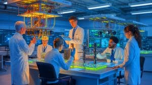 Illustration de la collaboration entre Oxford Ionics, Quanscient et Airbus pour transformer l’aéronautique grâce au calcul quantique. Image réalisée par IA.