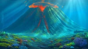 Illustration de l'Axial Seamount, volcan sous-marin surveillé pour une éruption potentielle d'ici 2025. Image réalisée par IA.