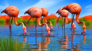 Illustration de la stratégie de chasse hydrodynamique des flamants roses inspirant des innovations technologiques. Image réalisée par IA.