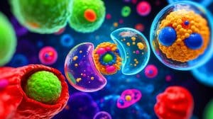 Illustration de l'apparition des cellules eucaryotes et leur impact sur l'évolution de la vie sur Terre. Image réalisée par IA.