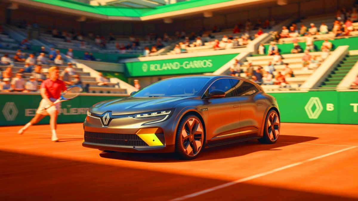Illustration de la présentation des modèles électriques Renault au tournoi de Roland-Garros 2025. Image réalisée par IA.