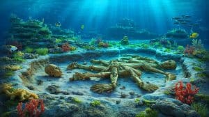 Illustration de la découverte archéologique sous-marine de vestiges d'Homo erectus à Sundaland. Image réalisée par IA.