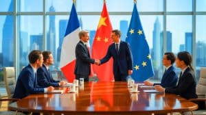Illustration de la rencontre entre Agnès Pannier-Runacher et Huang Runqiu pour discuter des points de convergence écologiques. Image réalisée par IA.