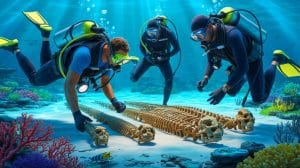 Illustration de la découverte de fossiles d'Homo erectus dans la plaine submergée de Sundaland. Image réalisée par IA.