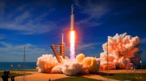 Illustration du neuvième vol d'essai du Starship de SpaceX avec un décollage spectaculaire. Image réalisée par IA.