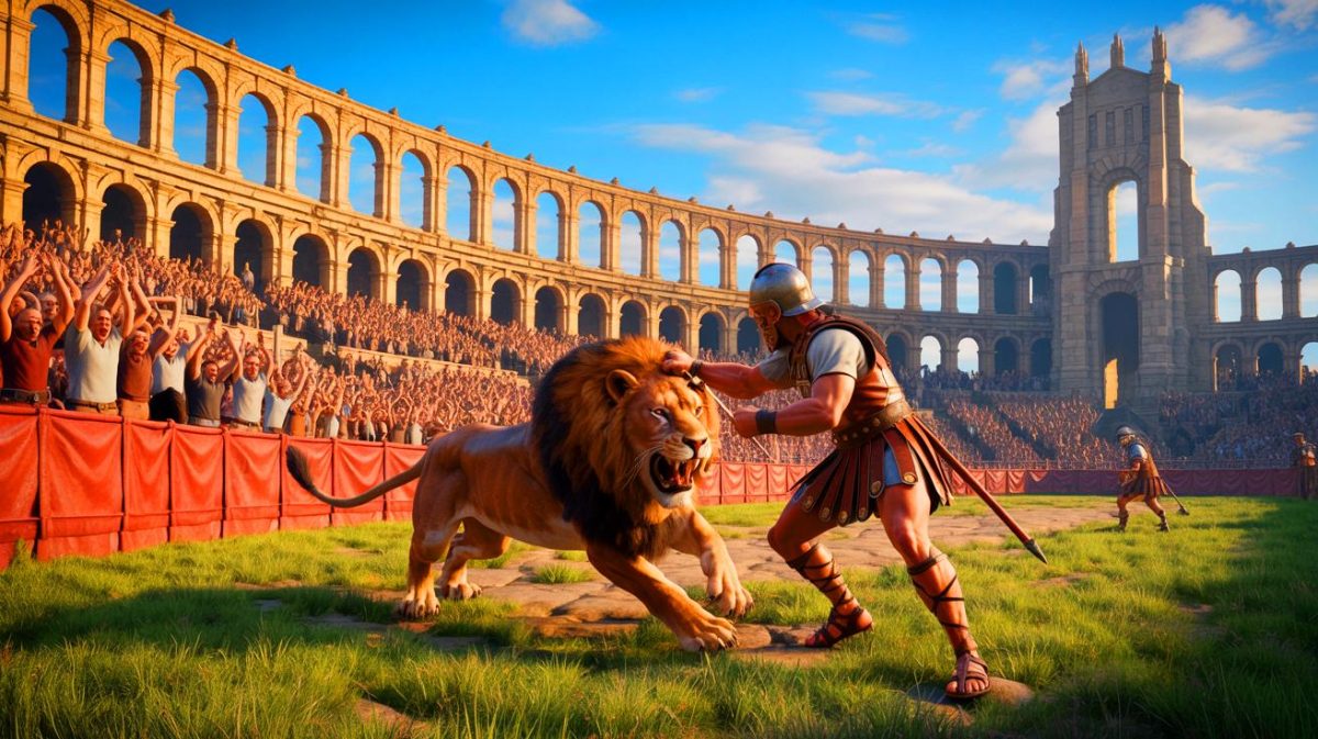 Illustration de combats entre gladiateurs et lions à York. Image réalisée par IA.