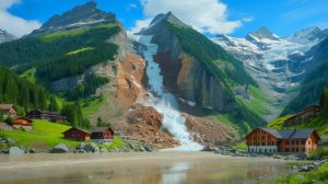 Illustration de l'éboulement alpin dans la vallée du Lötschental et ses conséquences environnementales. Image réalisée par IA.
