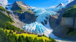Illustration de l'effondrement du glacier de Birch en Suisse et ses implications climatiques. Image réalisée par IA.