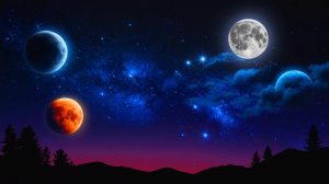 Illustration de phénomènes astronomiques visibles en juin 2025, avec la Lune et des planètes. Image réalisée par IA.