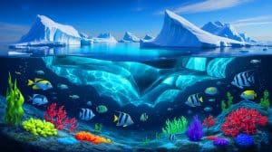 Illustration de la fonte des glaces arctiques et ses effets sur la lumière sous-marine. Image réalisée par IA.