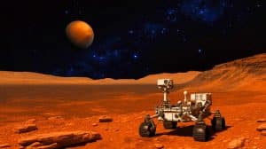 Illustration de la capture nocturne par le rover Perseverance de la NASA montrant Deimos et des étoiles sur Mars. Image réalisée par IA.