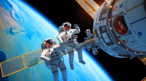 Illustration de la station spatiale chinoise Tiangong et des taïkonautes en sortie extravéhiculaire. Image réalisée par IA.