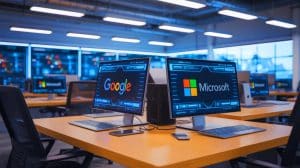 Illustration de la rivalité entre Google et Microsoft dans le domaine de l'intelligence artificielle. Image réalisée par IA.