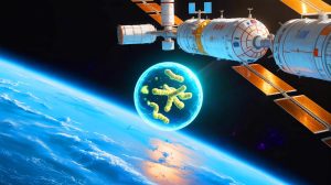 Illustration de la station spatiale Tiangong abritant le micro-organisme inconnu Niallia tiangongensis. Image réalisée par IA.