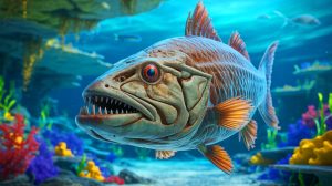 Illustration de l'origine préhistorique des dents humaines liée aux tissus sensoriels des poissons anciens. Image réalisée par IA.