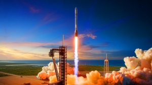 Illustration de l'essai en vol du Starship de SpaceX avec des manœuvres innovantes. Image réalisée par IA.
