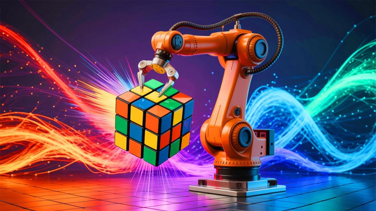 Le mystère du Rubik’s Cube : cet homme accomplit l’impossible en un éclair avant que vous ne cligniez des yeux, un exploit à couper le souffle Illustration de l'exploit d'un robot étudiant résolvant un Rubik’s Cube en un temps record. Image réalisée par IA.