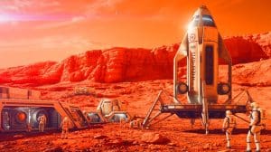 Illustration de la vision d'Elon Musk pour la colonisation de Mars avec le Starship. Image réalisée par IA.
