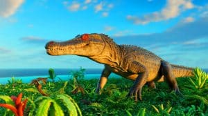 Illustration de sebecidés, des crocodiliens terrestres, dans un écosystème insulaire des Caraïbes. Image réalisée par IA.