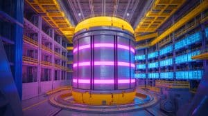 Illustration de l'assemblage du réacteur à fusion ITER avec ses électroaimants supraconducteurs. Image réalisée par IA.