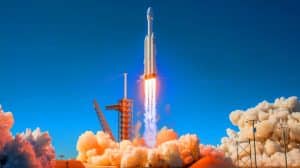 Illustration de la fusée Starship lors de son neuvième vol d’essai. Image réalisée par IA.