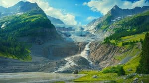 Illustration de l'éboulement alpin dans la vallée du Lötschental après l'effondrement du glacier du Birch. Image réalisée par IA.