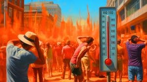 Illustration de la moitié de l'humanité subissant un mois supplémentaire de canicule en raison du réchauffement climatique. Image réalisée par IA.