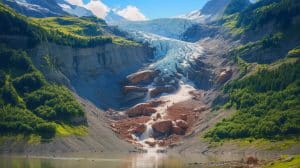 Illustration de l'éboulement massif du glacier du Birch dans les Alpes suisses menant à la formation d'un lac artificiel. Image réalisée par IA.