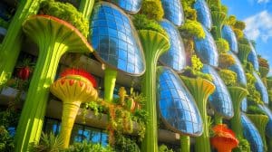 Illustration de la façade innovante inspirée par la nature régulant la température des bâtiments. Image réalisée par IA.