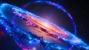 Illustration de la galaxie SDSS J0946+1006 et de la matière noire. Image réalisée par IA.