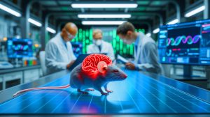 Illustration de l'augmentation de la taille du cerveau d'une souris grâce à un fragment d'ADN humain. Image réalisée par IA.
