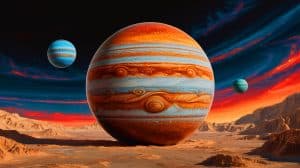 Illustration de Jupiter dans sa forme colossale d'origine avec ses lunes Amalthée et Thébé. Image réalisée par IA.