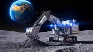 Illustration de l'excavateur lunaire d'Interlune en action sur la surface de la Lune. Image réalisée par IA.