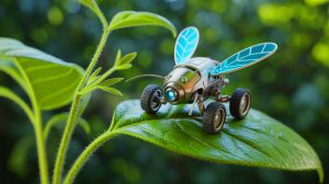 Illustration de l'exploration du monde à hauteur d'insecte par le robot miniature Goby. Image réalisée par IA.