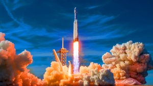 Illustration de la mégafusée Starship de SpaceX en vol d'essai. Image réalisée par IA.
