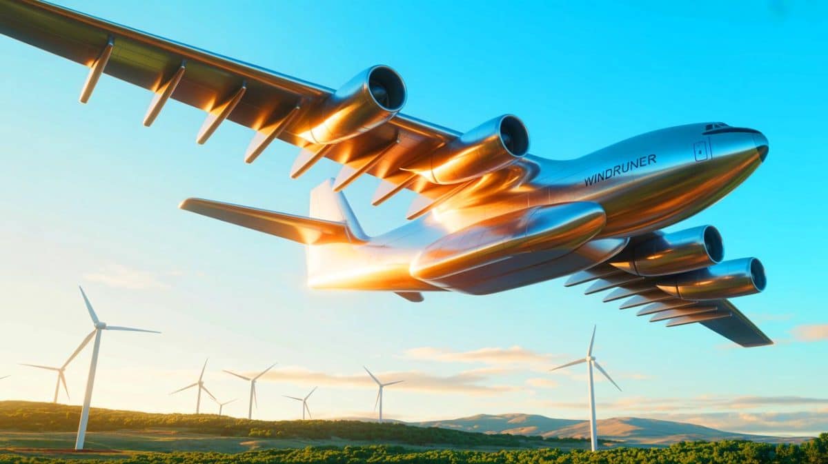 Illustration de l'avion-cargo titanesque WindRunner en plein vol. Image réalisée par IA.