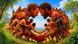 Illustration de la fusion ancestrale de deux groupes humains ayant contribué à l'ADN moderne. Image réalisée par IA.