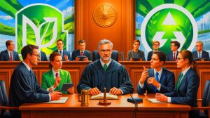 Illustration de TotalEnergies face à la justice pour des accusations de greenwashing. Image réalisée par IA.