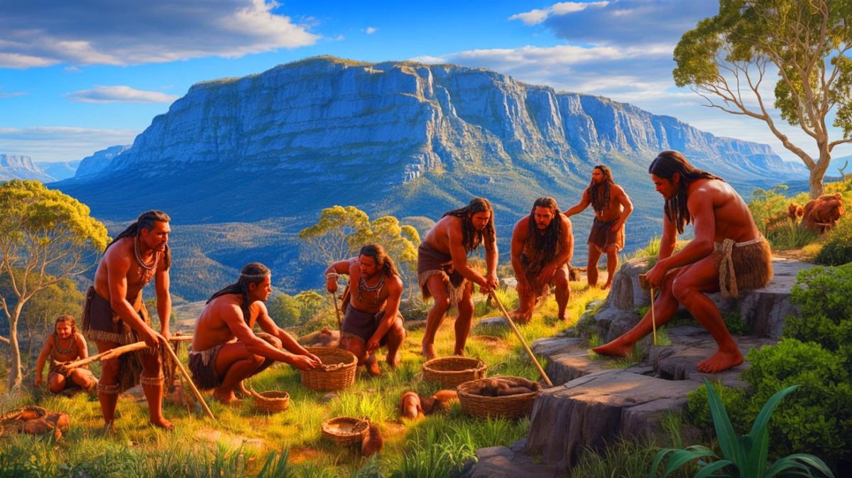 Illustration de l'adaptation des Aborigènes australiens à la haute altitude durant l'ère glaciaire. Image réalisée par IA.