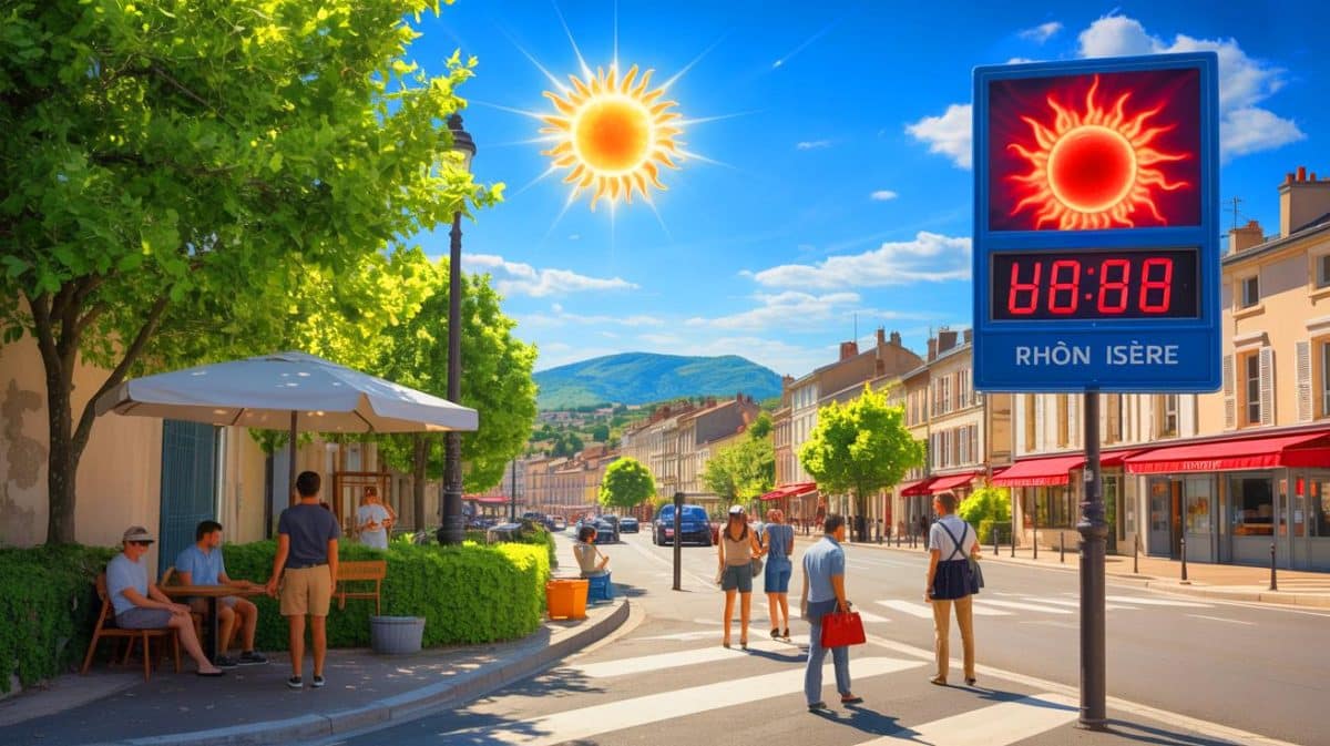Illustration de la chaleur intense frappant le Rhône et l'Isère en période de canicule. Image réalisée par IA.