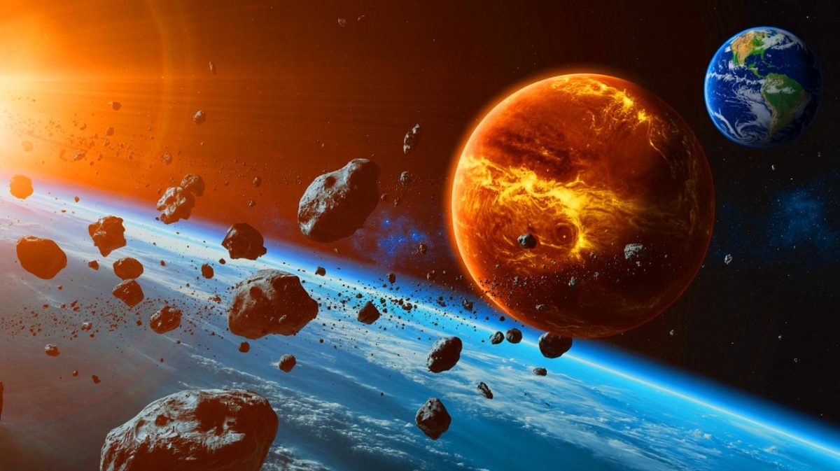 Illustration de l'orbite des astéroïdes co-orbitaux de Vénus et leur trajectoire potentielle vers la Terre. Image réalisée par IA.