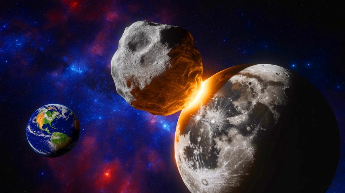 Illustration de l'astéroïde 2024 YR4 menaçant de percuter la Lune. Image réalisée par IA.