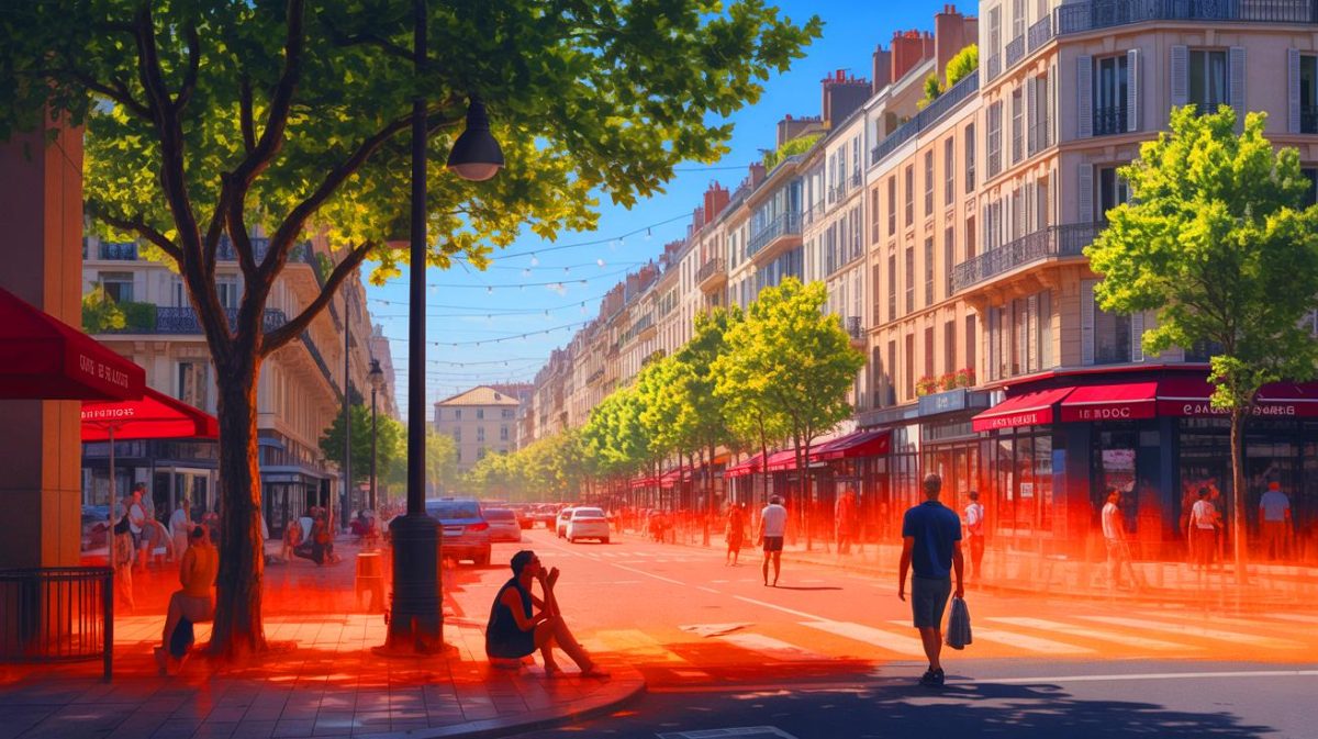 Illustration de la vague de chaleur historique en France avec des températures atteignant 41°C. Image réalisée par IA.