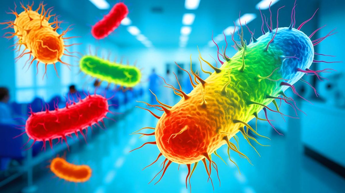 Illustration de la bactérie Escherichia coli et ses implications en santé publique. Image réalisée par IA.