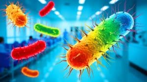 Illustration de la bactérie Escherichia coli et ses implications en santé publique. Image réalisée par IA.