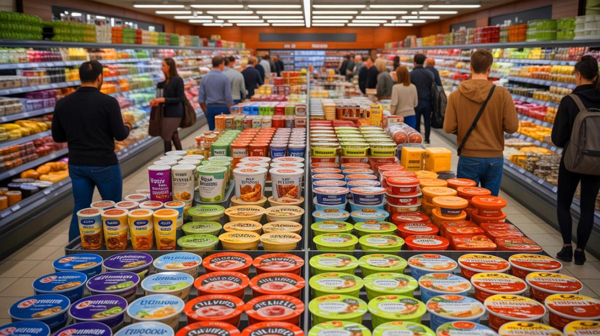Illustration de produits hyperprotéinés envahissant les rayons des supermarchés. Image réalisée par IA.