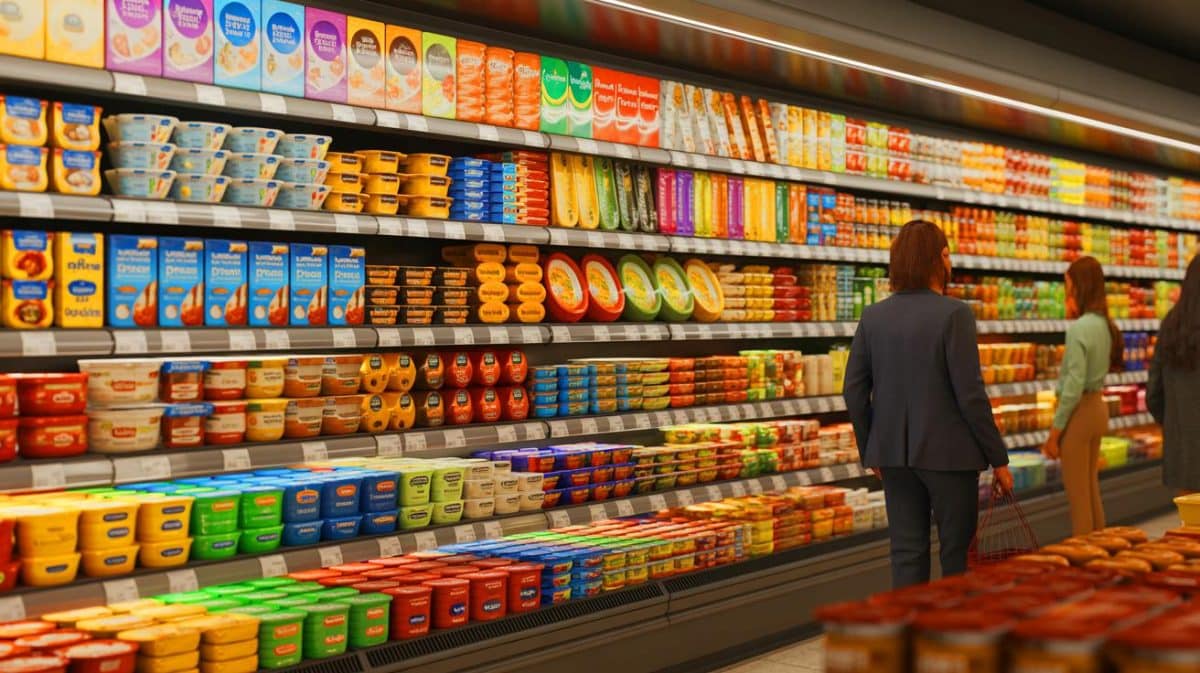 Illustration de l'invasion des produits hyperprotéinés dans les rayons des supermarchés. Image réalisée par IA.