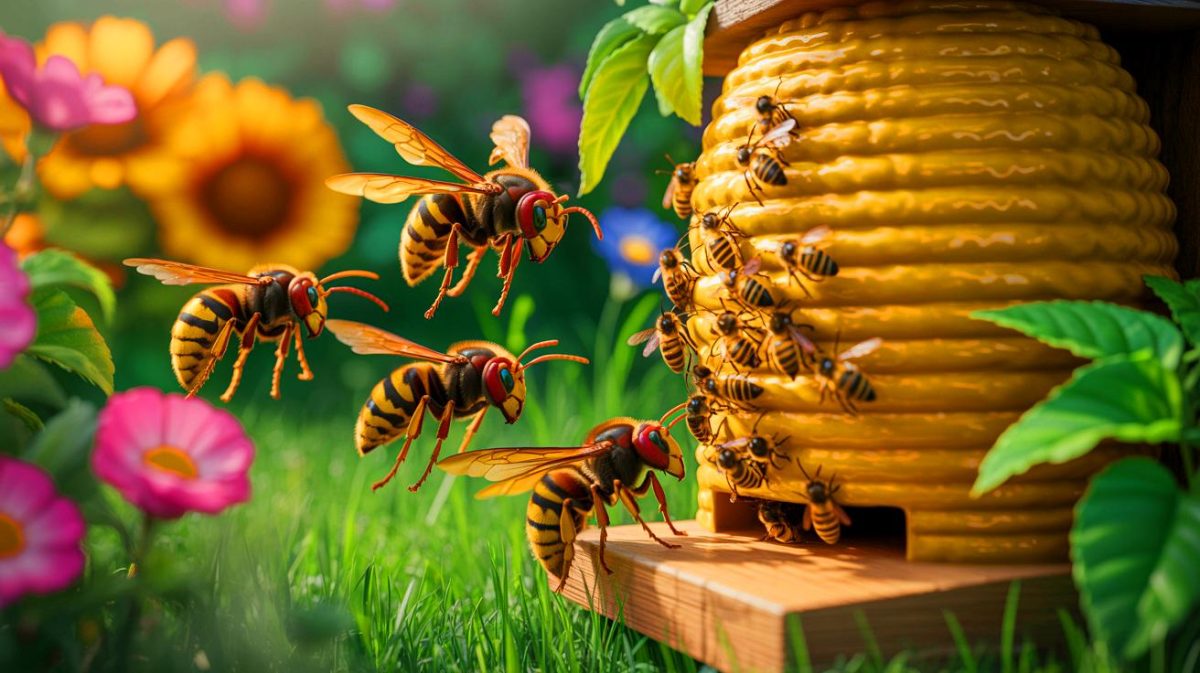 Illustration de frelons européens attaquant une ruche d'abeilles. Image réalisée par IA.
